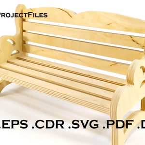 Puede incluir: Un banco de madera con un diseño decorativo en la parte posterior y los lados. El banco está hecho de madera clara y tiene un acabado natural. El banco está diseñado para ser cortado con una máquina CNC. La imagen incluye el texto "CNCPROJECTFILES .AI .EPS .CDR .SVG .PDF .DXF".