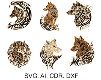 Celtic wolf set 2, wolf head, tattoo sketch, wolf svg, fox svg, DXF for laser engraving,