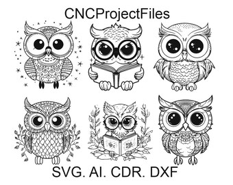 Può includere: Sei disegni in bianco e nero di gufi con diversi design. I gufi sono tutti rivolti in avanti e hanno occhi grandi. Il testo "CNCProjectFiles" è nella parte superiore dell'immagine. Il testo "SVG. AI. CDR. DXF" è nella parte inferiore dell'immagine.