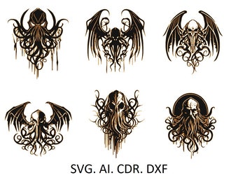SET Cthulhu 1 SVG, Lovecraft Eldritch Horror Clipart, DXF for laser engraving, Lord of the Deep