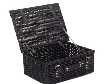 Striking 14 Inch Black Wicker Hamper with lid, chains, black faux leather straps, buckles and optional engraved leather tag