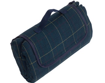 REDUCED - Waterproof-backed soft Tweed Blue Picnic Blanket for 4 people - neatly fits into itself with carrying handle.  Personalisable.