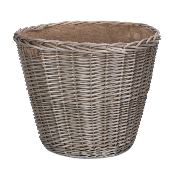 REDUCED - Strong Extra Large Tapered Round Log Wicker Basket in grey finish, with integral finger holes and strong hessian lining