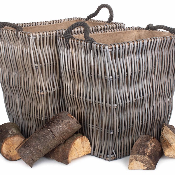 Superb Quality XXL and X Strong Rectangular Log Basket, Hessian Lined with Strong Round Rope Dark Handles, in Antique Wash Finish Wicker