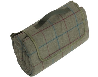 Waterproof-backed soft Tweed Green Picnic Blanket for 4 people - neatly fits into itself with carrying handle.  Personalisable.