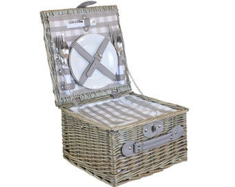 INCLUDES 2 FREE NAPKINS-Grey Check Picnic Basket for 2 with 2 wine glasses+plates+cutlery+zipped chill compartment, optional grey blanket