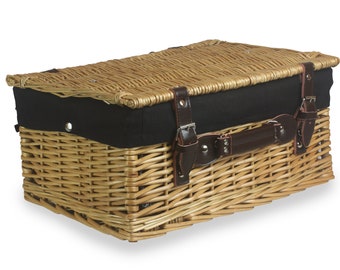 REDUCED Leather/Black Lined 16 Inch Buff Wicker Hamper with Real Leather Straps, lid, chains, buckles and optional engraved leather tag