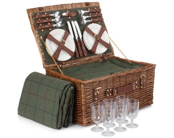 NEW Grand 6 Person Classic Picnic Basket INCLUDES matching picnic blanket, glasses, cutlery and plates. Optional engraved leather tag.