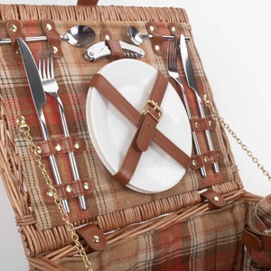 REDUCED Tan Leather Tweed Check Picnic Basket for 2 INCLUDES matching blanket held with integral leather strapsnapkinscooler bagglasses image 7