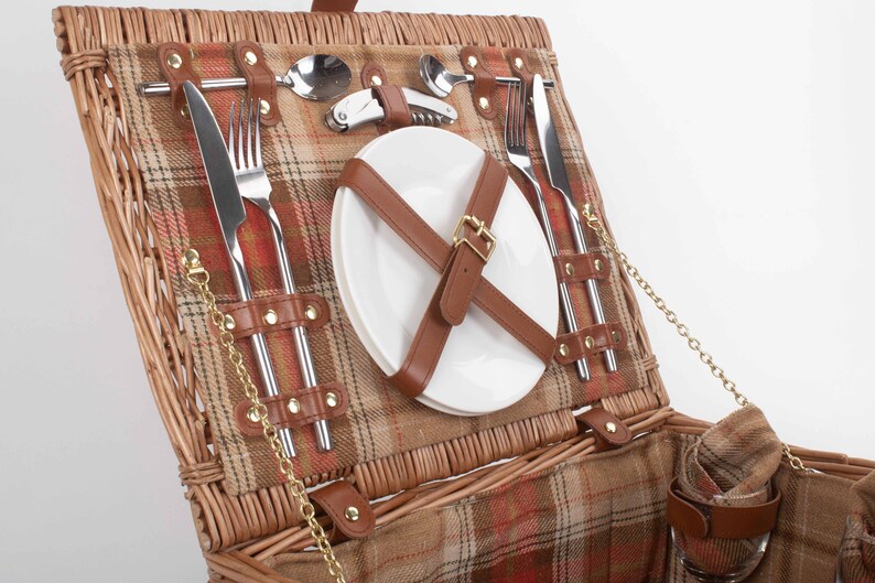 REDUCED Tan Leather Tweed Check Picnic Basket for 2 INCLUDES matching blanket held with integral leather strapsnapkinscooler bagglasses image 7