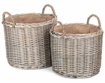 Strong Wicker Storage/Log Basket - Straight Sides, Fully Lined with Hessian, Strong Wicker Handles, in Antique Wash Finish