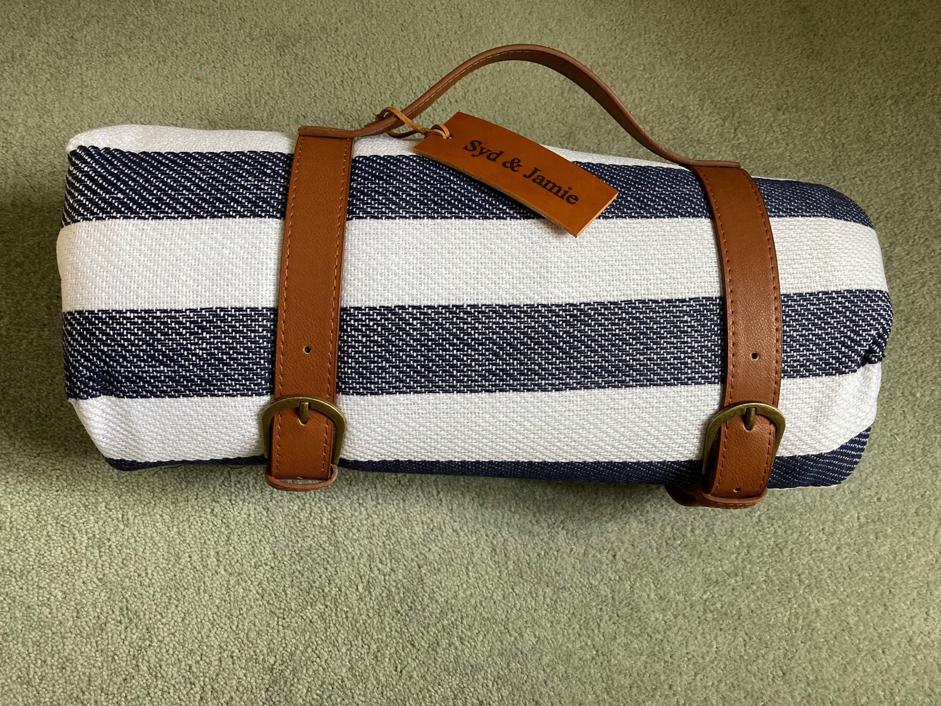 Blue Striped Waterproof Picnic Blanket with carrying handle Etsy