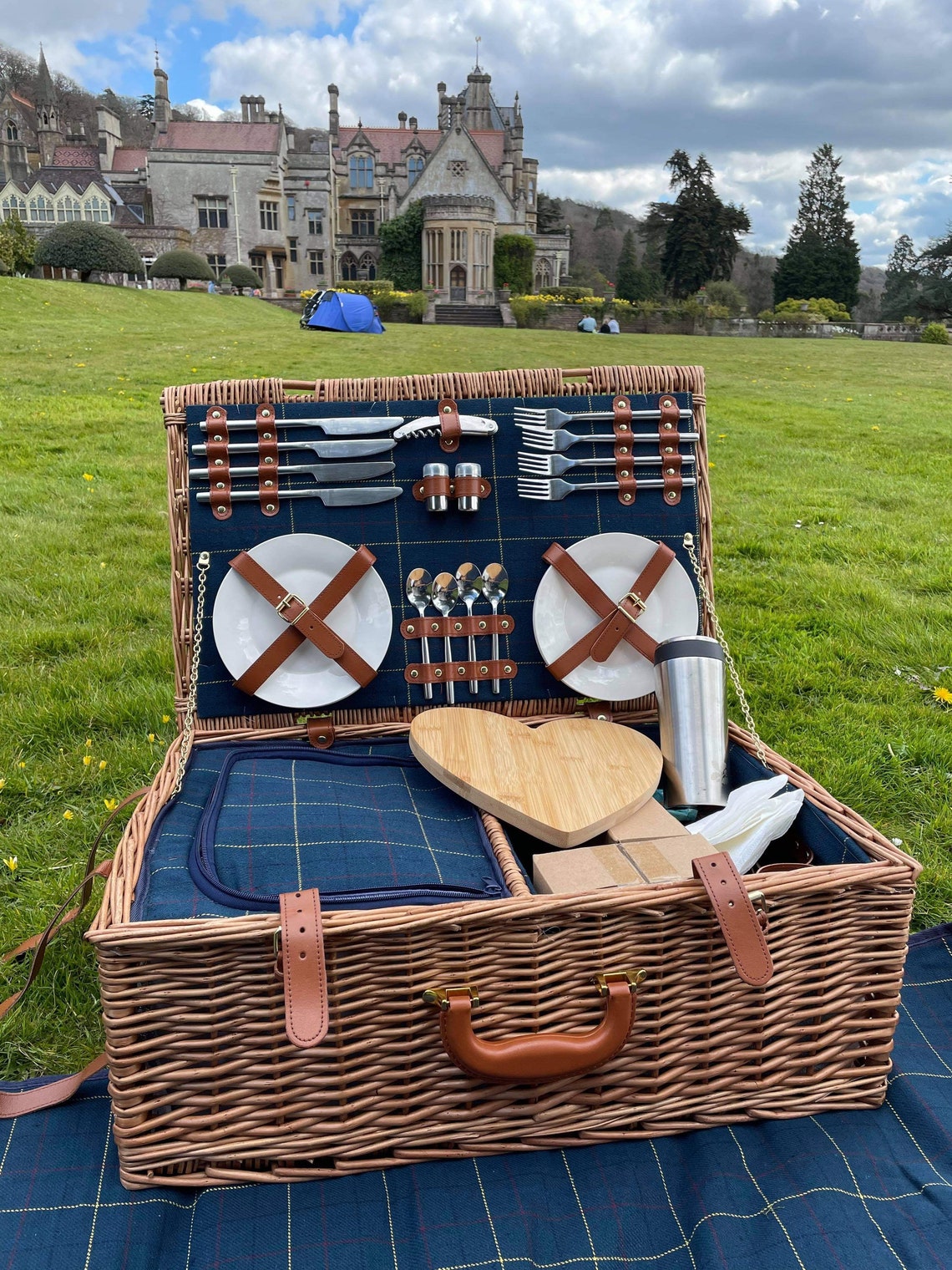 Luxury Blue Picnic Basket for 4 INCLUDES Stainless Steel Etsy