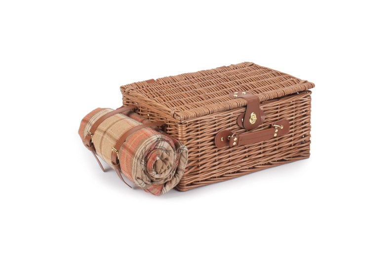 REDUCED Tan Leather Tweed Check Picnic Basket for 2 INCLUDES matching blanket held with integral leather strapsnapkinscooler bagglasses image 8