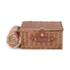 REDUCED Tan Leather Tweed Check Picnic Basket for 2 INCLUDES matching blanket held with integral leather strapsnapkinscooler bagglasses image 9