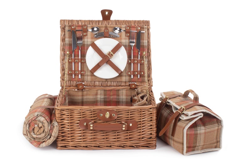 REDUCED Tan Leather Tweed Check Picnic Basket for 2 INCLUDES matching blanket held with integral leather strapsnapkinscooler bagglasses image 2