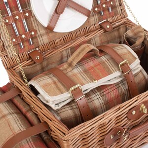 REDUCED Tan Leather Tweed Check Picnic Basket for 2 INCLUDES matching blanket held with integral leather strapsnapkinscooler bagglasses image 3