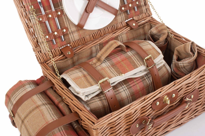 REDUCED Tan Leather Tweed Check Picnic Basket for 2 INCLUDES matching blanket held with integral leather strapsnapkinscooler bagglasses image 3