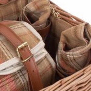 REDUCED Tan Leather Tweed Check Picnic Basket for 2 INCLUDES matching blanket held with integral leather strapsnapkinscooler bagglasses image 4