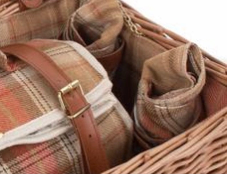 REDUCED Tan Leather Tweed Check Picnic Basket for 2 INCLUDES matching blanket held with integral leather strapsnapkinscooler bagglasses image 4