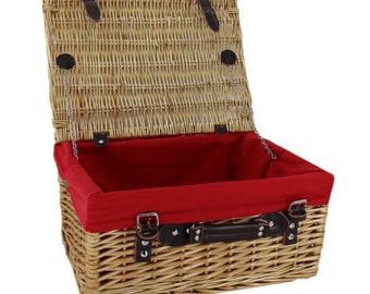 REDUCED Leather/Red Lined 16 Inch Buff Wicker Hamper with Real Leather Straps, lid, chains, buckles and optional engraved leather tag