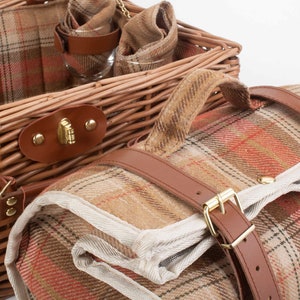 REDUCED Tan Leather Tweed Check Picnic Basket for 2 INCLUDES matching blanket held with integral leather strapsnapkinscooler bagglasses image 6