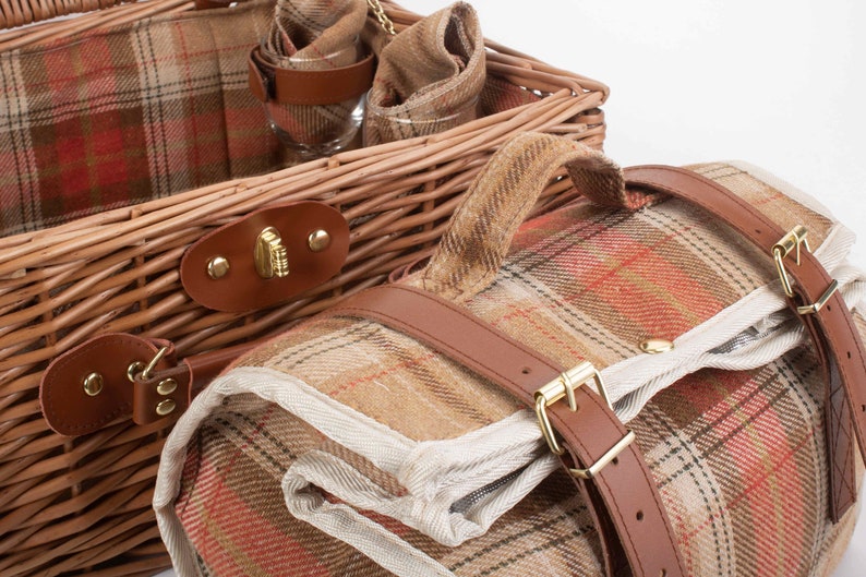 REDUCED Tan Leather Tweed Check Picnic Basket for 2 INCLUDES matching blanket held with integral leather strapsnapkinscooler bagglasses image 6