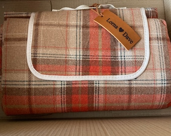 REDUCED - Orange/Tan Check soft Tweed Waterproof-backed Picnic Blanket - neatly fits into itself with carrying handle.  Fits up to 4 people.