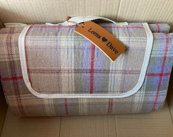 REDUCED - Lavender Check soft Tweed Waterproof-backed Picnic Blanket - neatly fits into itself with carrying handle.  Fits up to 4 people.