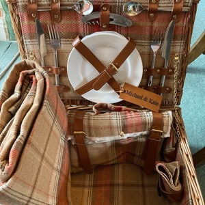 REDUCED Tan Leather Tweed Check Picnic Basket for 2 INCLUDES matching blanket held with integral leather strapsnapkinscooler bagglasses With leather tag