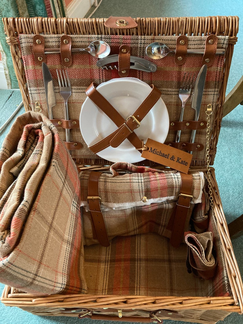 REDUCED Tan Leather Tweed Check Picnic Basket for 2 INCLUDES matching blanket held with integral leather strapsnapkinscooler bagglasses With leather tag