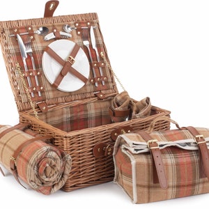 REDUCED Tan Leather Tweed Check Picnic Basket for 2 INCLUDES matching blanket held with integral leather strapsnapkinscooler bagglasses No leather tag