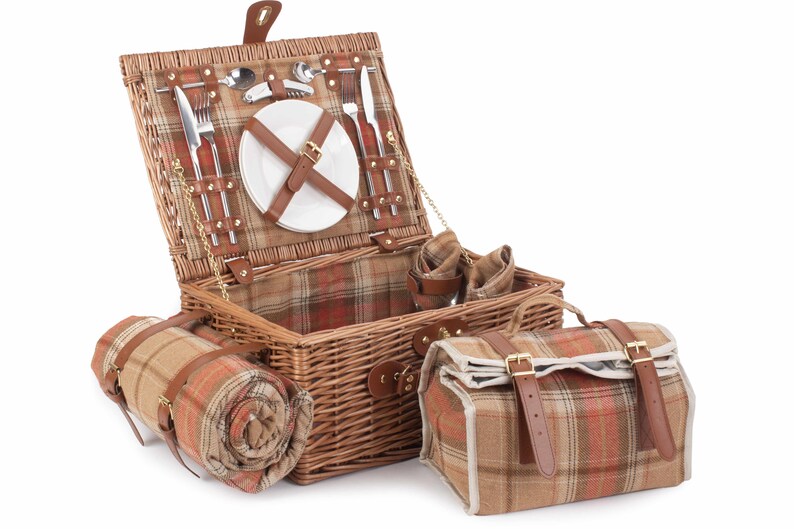 REDUCED Tan Leather Tweed Check Picnic Basket for 2 INCLUDES matching blanket held with integral leather strapsnapkinscooler bagglasses No leather tag