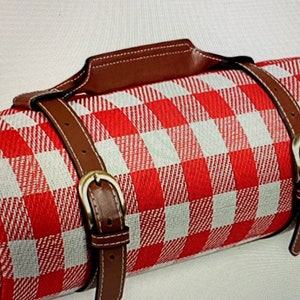 REDUCED Personalisable Red+White Check Waterproof Picnic Blanket + carrying handle and strap. Easily fits 4. Optional engraved leather tag.