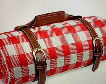 REDUCED Personalisable Red+White Check Waterproof Picnic Blanket + carrying handle and strap. Easily fits 4. Optional engraved leather tag.