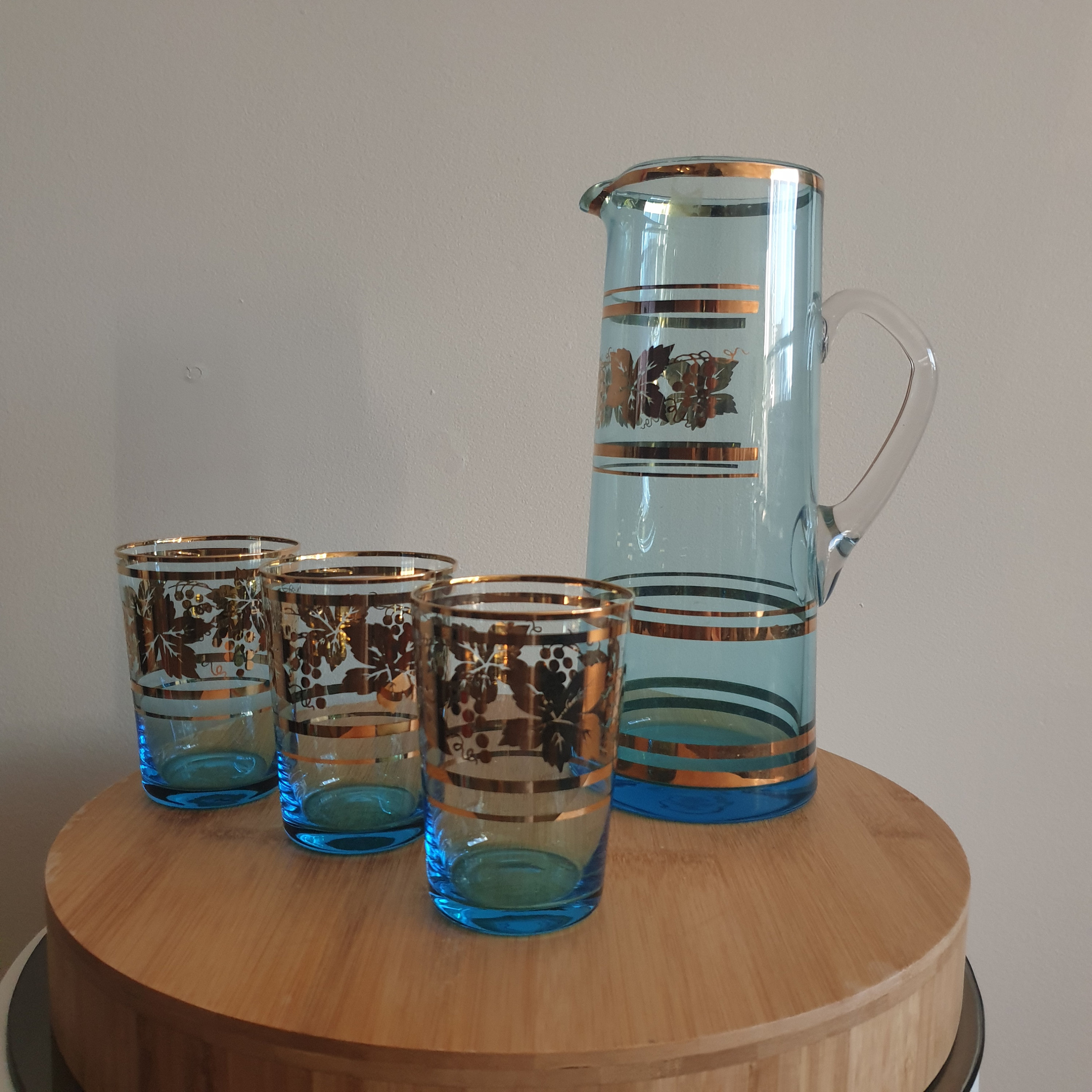 Italian Pale Blue Glass Pitcher Juice/Water Jug With 3 Glasses. Pitcher Hand Blown With Gold Etching Of Grapes And Wine Leaves. Gift. Unique