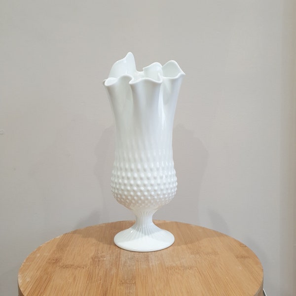 Vintage Large Fenton Hobnail Handkerchief Milk Glass Vase . Decorative White Hobnail Milk Glass Vase. Ornate Milk Glass. Gift. Unique