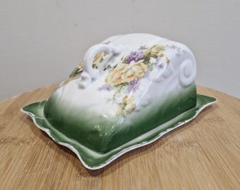 Vintage Mid Century Modern Ceramic Cheese/Butter Dish. Cottage-core Interior. MCM Hand Painted Floral Motif Butter Dish. Kitchen Accessory