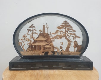 Vintage Chinese Carved Cork Diorama Black Lacquer Shadow Box Art Work Pagoda. Oriental 3D Diorama. Cork Carving. Collectable Diorama. Unique