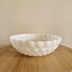 Vintage White Milk Glass Decorative Bowl. Hobnail Milk Glass. Scallop Edge Textured Glass Fruit Bowl/Candy Dish. Dessert Bowl. Trinket Bowl