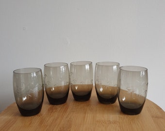 5 Small Vintage Smokey Grey Glasses. Etched Bamboo Motif. Small Water Glasses. Cocktail Glasses. Unique. Gift. Entertaining