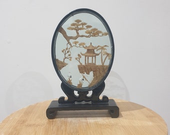 Vintage Chinese Carved Cork Diorama Black Lacquer Shadow Box Art Work Pagoda. Oriental 3D Diorama. Cork Carving. Collectable Diorama. Unique