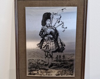 Arte vintage de metal grabado de Highland Piper (década de 1970). Arte vintage de pared de metal. Decoración retro para pared. Reproducción de acero para conocedores. Regalo. Único.