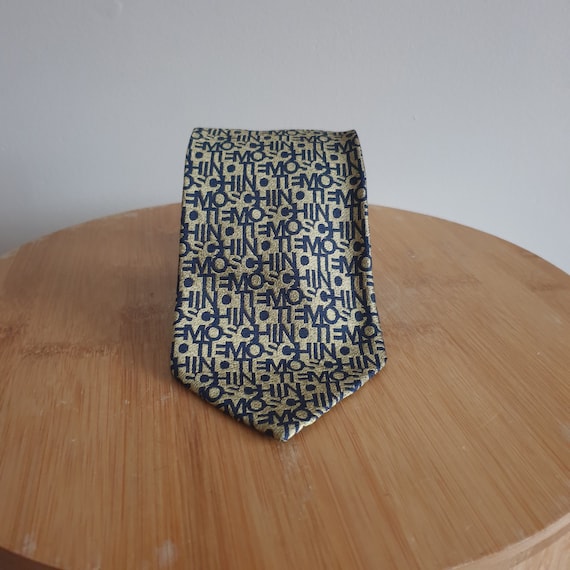 Vintage Moschino Gold And Navy 100% Silk Tie. Ret… - image 1
