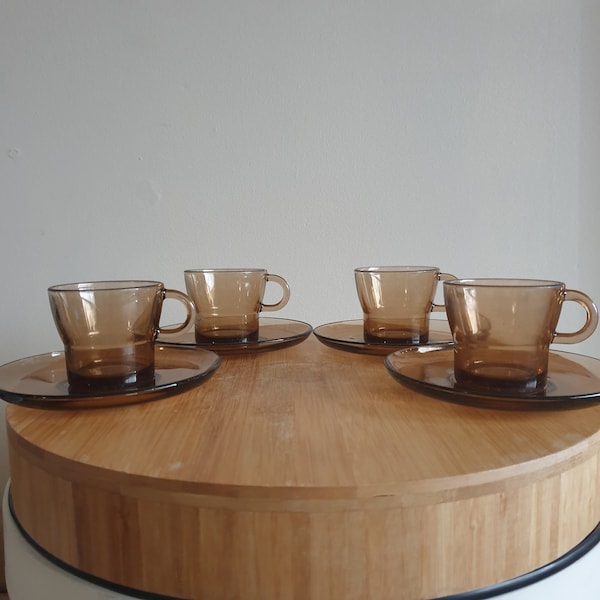 A Set Of 4 Smokey Brown Espresso Cups And Saucers. Duralex France Espresso Cups. Gift. Unique