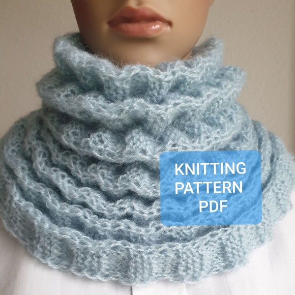 3D Knit Scarf, Angora circle cowl, Knitted loop PDF, Cowl Neck Warmer Knitting Pattern, DIY cowl PDF, Modern cowl Pattern, Oversized shawl