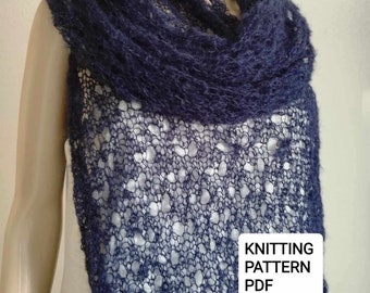 Dark blue Air lace mohair knitting PATTERN, lightweight silk mohair shawl, Mohair shawl pattern, knitting patterns scarf, easy pattern knit