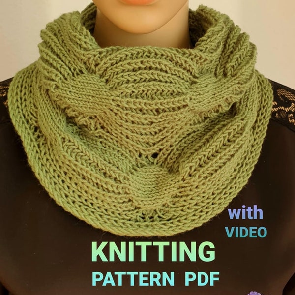 Green Scarf cowl Pattern, Knitted loop PDF, Neck Warmer, Knitting Pattern, Oversized cowl, Circular scarf, Shawl, Unisex Scarf Knit Pattern