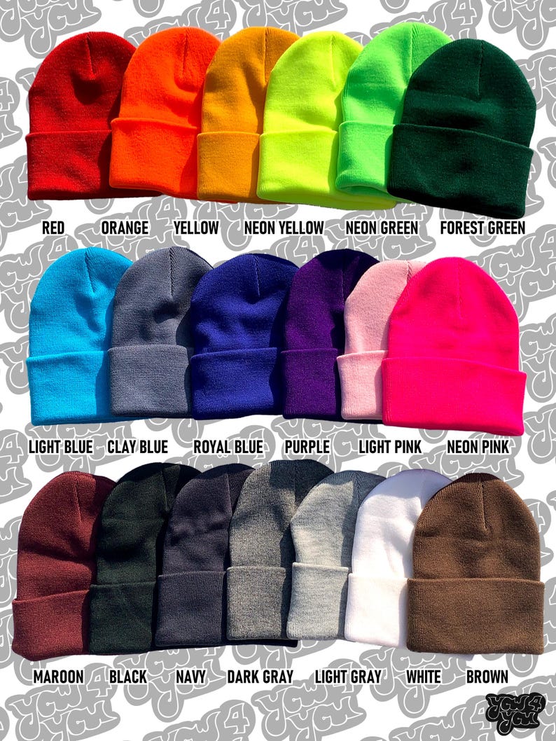 K&ouml;nnte beinhalten: Eine Sammlung von 14 Beanies in verschiedenen Farben, darunter Rot, Orange, Gelb, Neon-Gelb, Neon-Gr&uuml;n, Waldgr&uuml;n, Hellblau, Tonblau, K&ouml;nigsblau, Lila, Hellrosa, Neon-Rosa, Weinrot, Schwarz, Marineblau, Dunkelgrau, Hellgrau, Wei&szlig; und Braun.