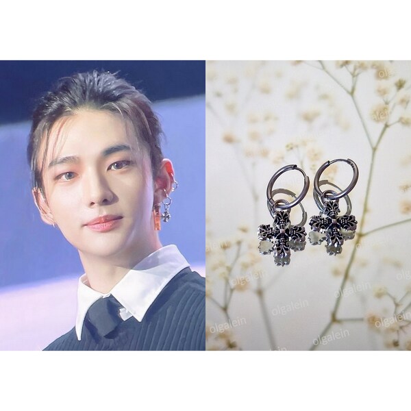 Stray Kids Hyunjin Inspired Cross Pendant Charm Hoop Earrings Kpop Style Cosplay Kreuz Anhänger Ohrringe Edelstahl Stainless Steel